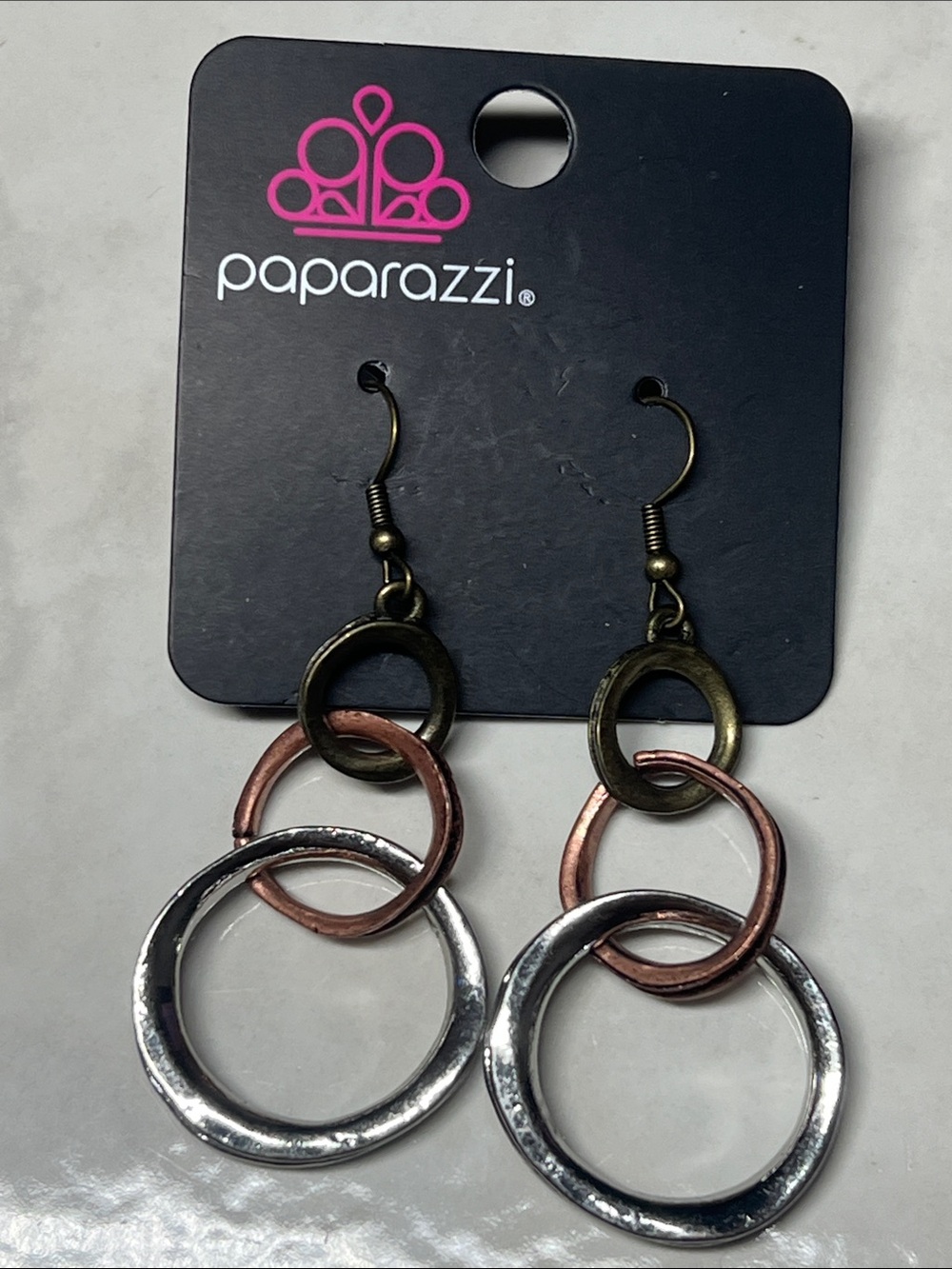 Paparazzi Tri-Tone Interlocking Hoop Earrings - Silver, Copper, Antique Gold